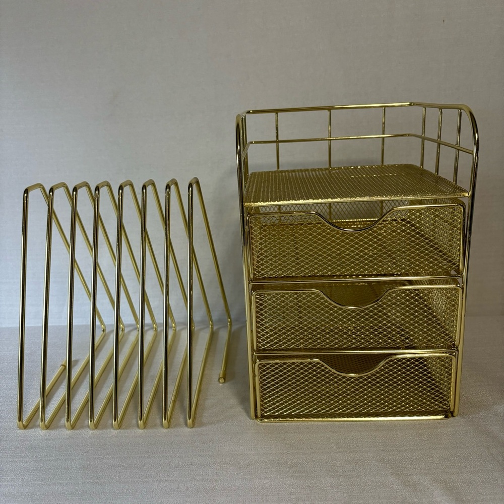 Gold desk caddy wire drawers & letter sorter 3 drawers shelf -make up organizer